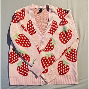 Hot Topic Womens Strawberry Cardigan Pink Red Knit V-Neck Sweater MD 17483717